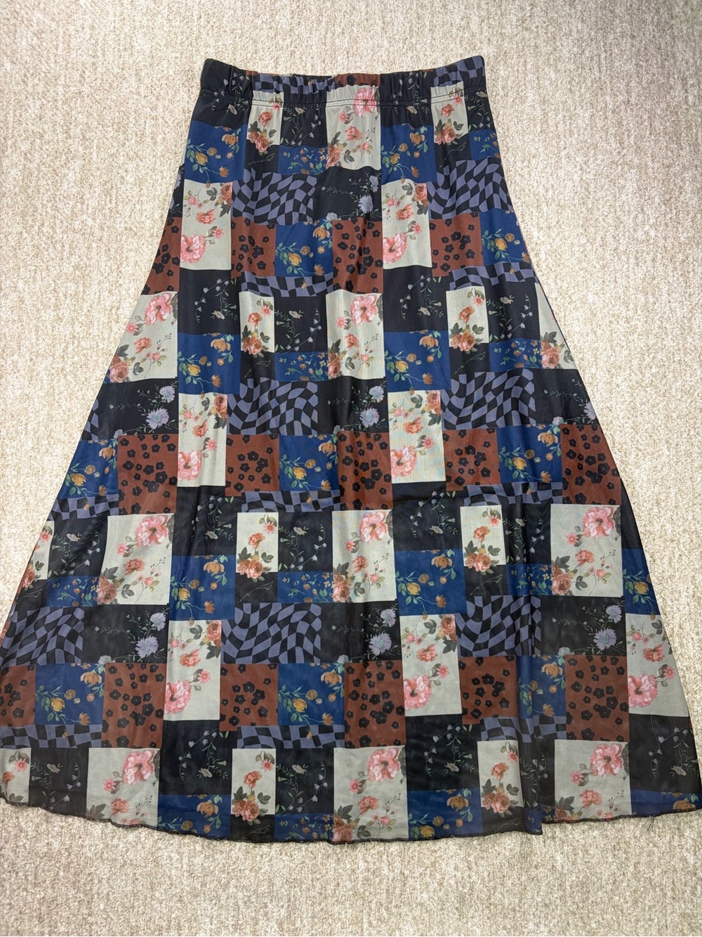 EARTHBOUND Patchwork Floral A-Line Skirt in Blue, Black & Brown